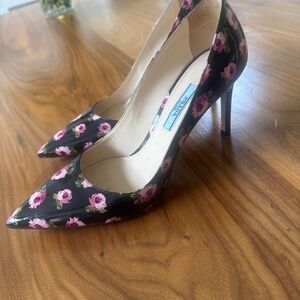 Prada Pink Rose-Print Patent Leather Pointed-Toe Heels (Size 7.5)